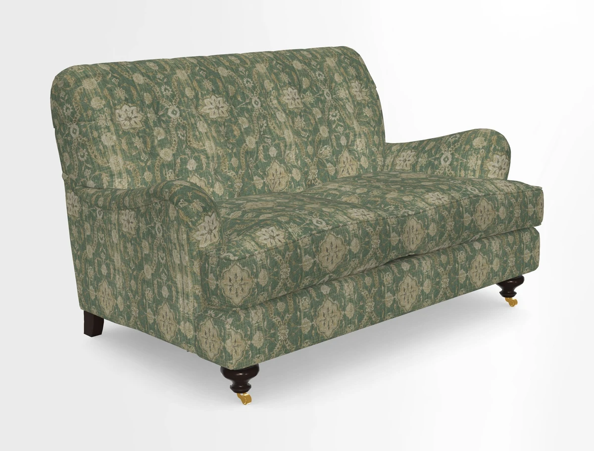 Chiddingfold 3 Seater Sofa in Omega Velvet Tawny Velvet and V&A Threads of India Regal Arabesque Flame with scatters in Sulawesi Splendour Jasper