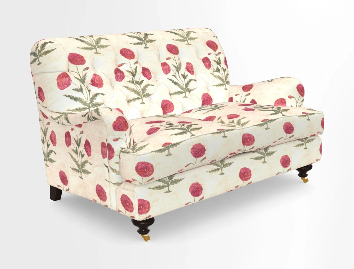 Chiddingfold 3 Seater Sofa in Omega Velvet Tawny Velvet and V&A Threads of India Regal Arabesque Flame with scatters in Sulawesi Splendour Jasper