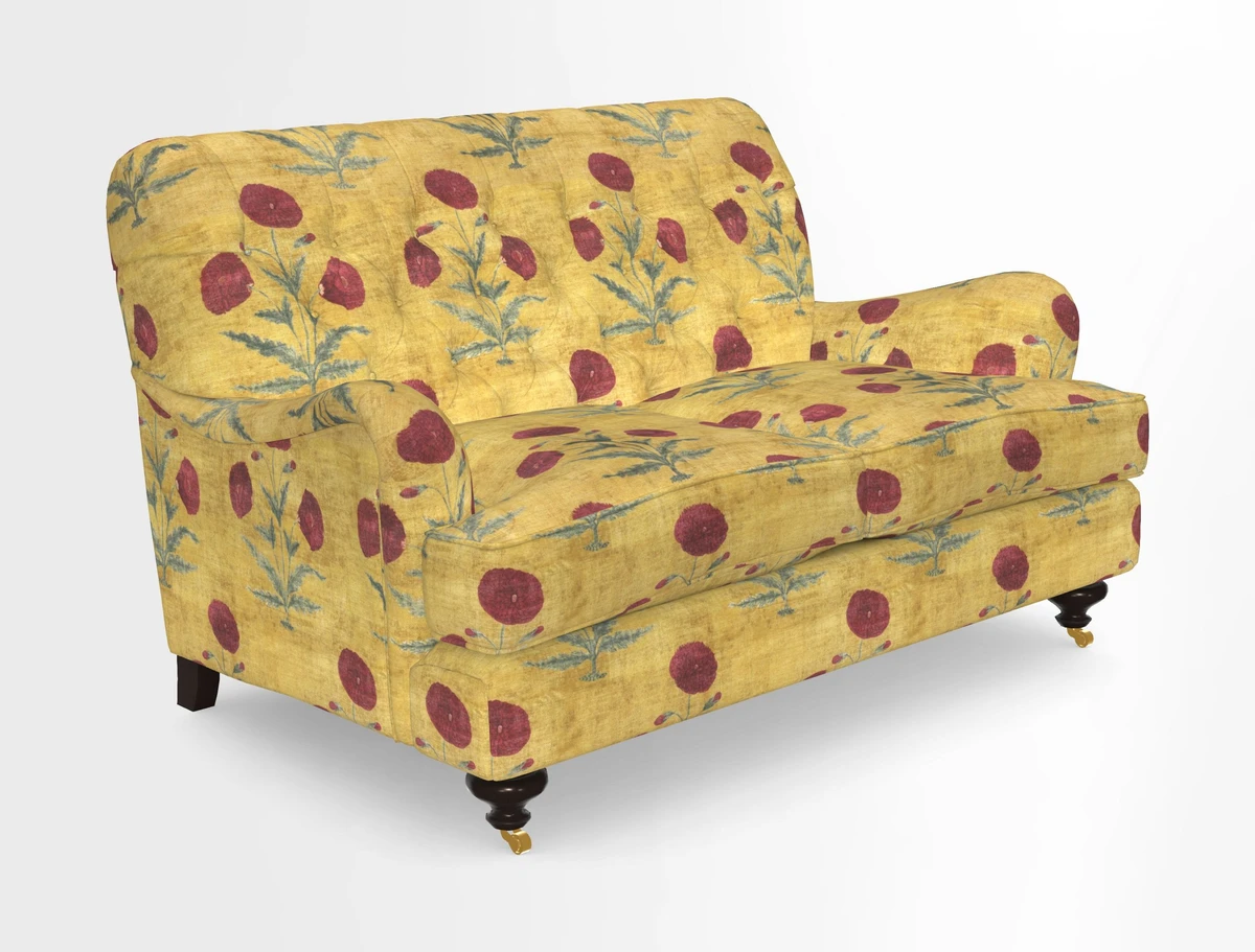 Chiddingfold 3 Seater Sofa in Omega Velvet Tawny Velvet and V&A Threads of India Regal Arabesque Flame with scatters in Sulawesi Splendour Jasper