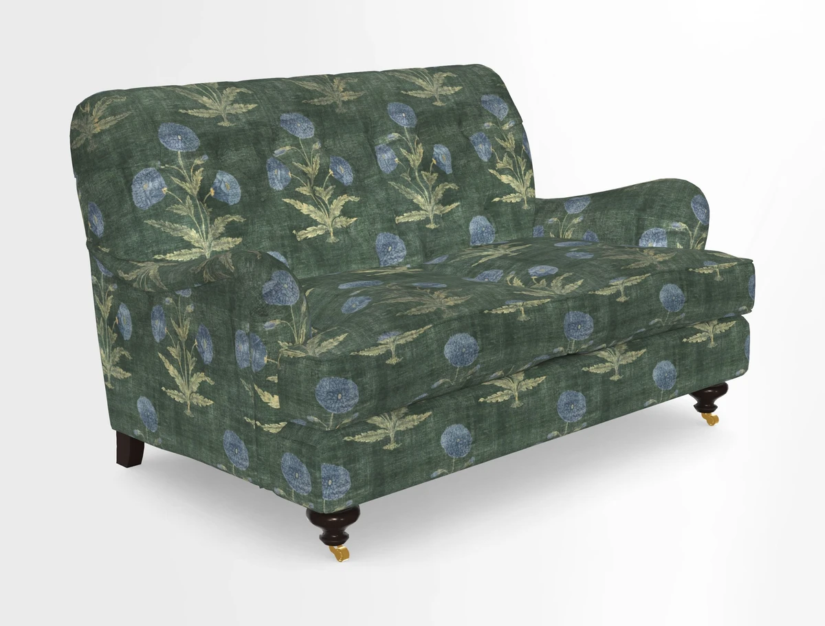 Chiddingfold 3 Seater Sofa in Omega Velvet Tawny Velvet and V&A Threads of India Regal Arabesque Flame with scatters in Sulawesi Splendour Jasper