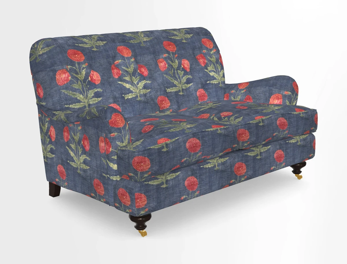 Chiddingfold 3 Seater Sofa in Omega Velvet Tawny Velvet and V&A Threads of India Regal Arabesque Flame with scatters in Sulawesi Splendour Jasper