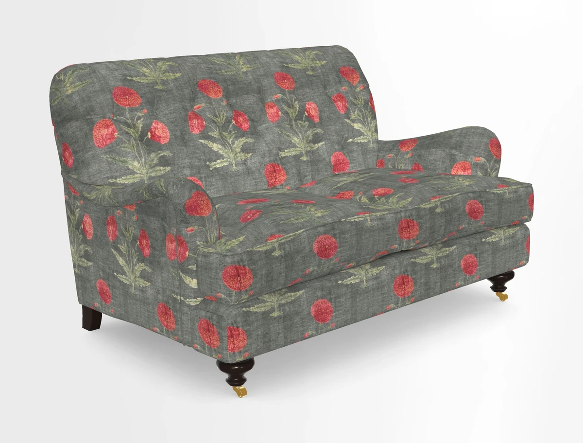 Chiddingfold 3 Seater Sofa in Omega Velvet Tawny Velvet and V&A Threads of India Regal Arabesque Flame with scatters in Sulawesi Splendour Jasper