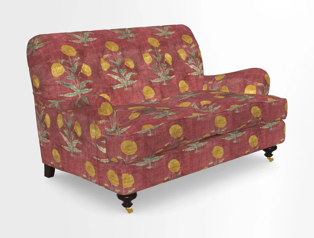 Chiddingfold 3 Seater Sofa in Omega Velvet Tawny Velvet and V&A Threads of India Regal Arabesque Flame with scatters in Sulawesi Splendour Jasper