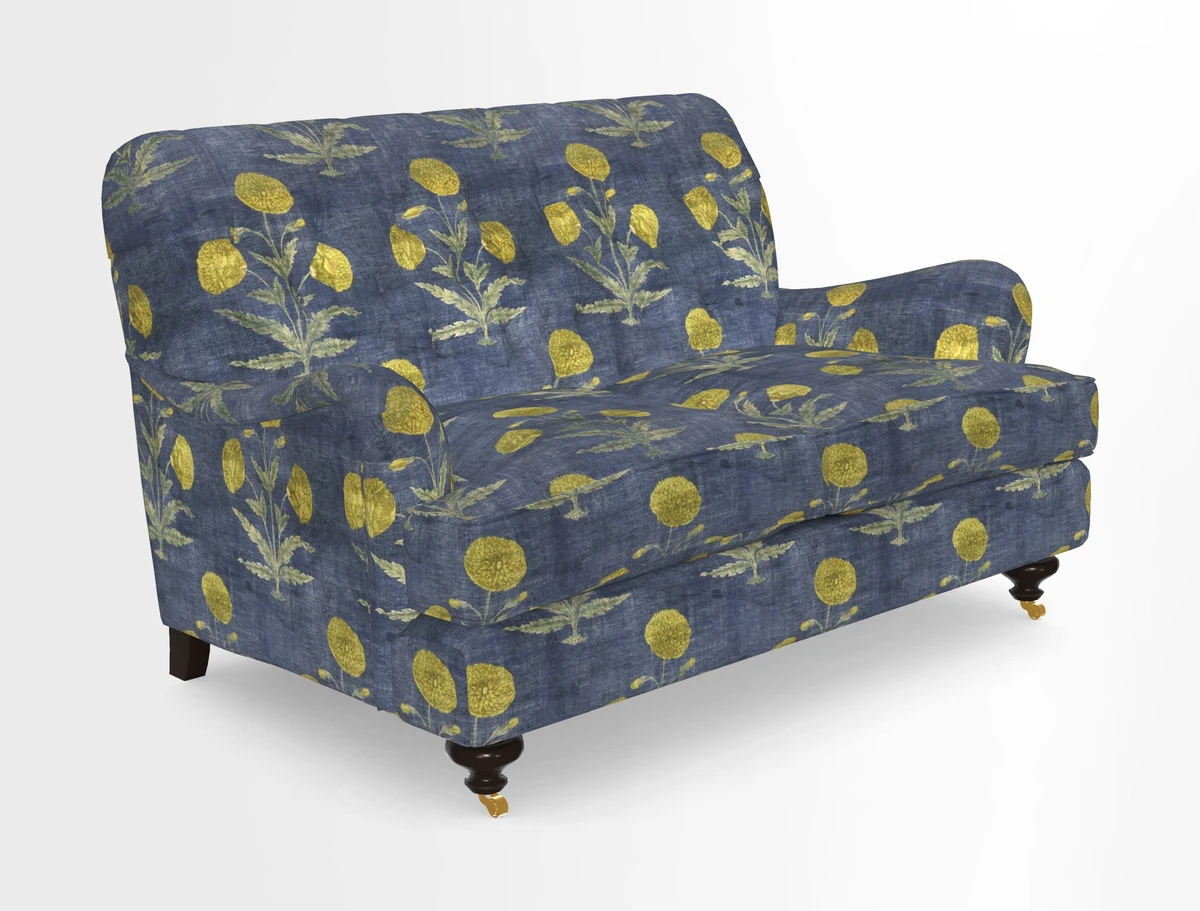 Chiddingfold 3 Seater Sofa in Omega Velvet Tawny Velvet and V&A Threads of India Regal Arabesque Flame with scatters in Sulawesi Splendour Jasper
