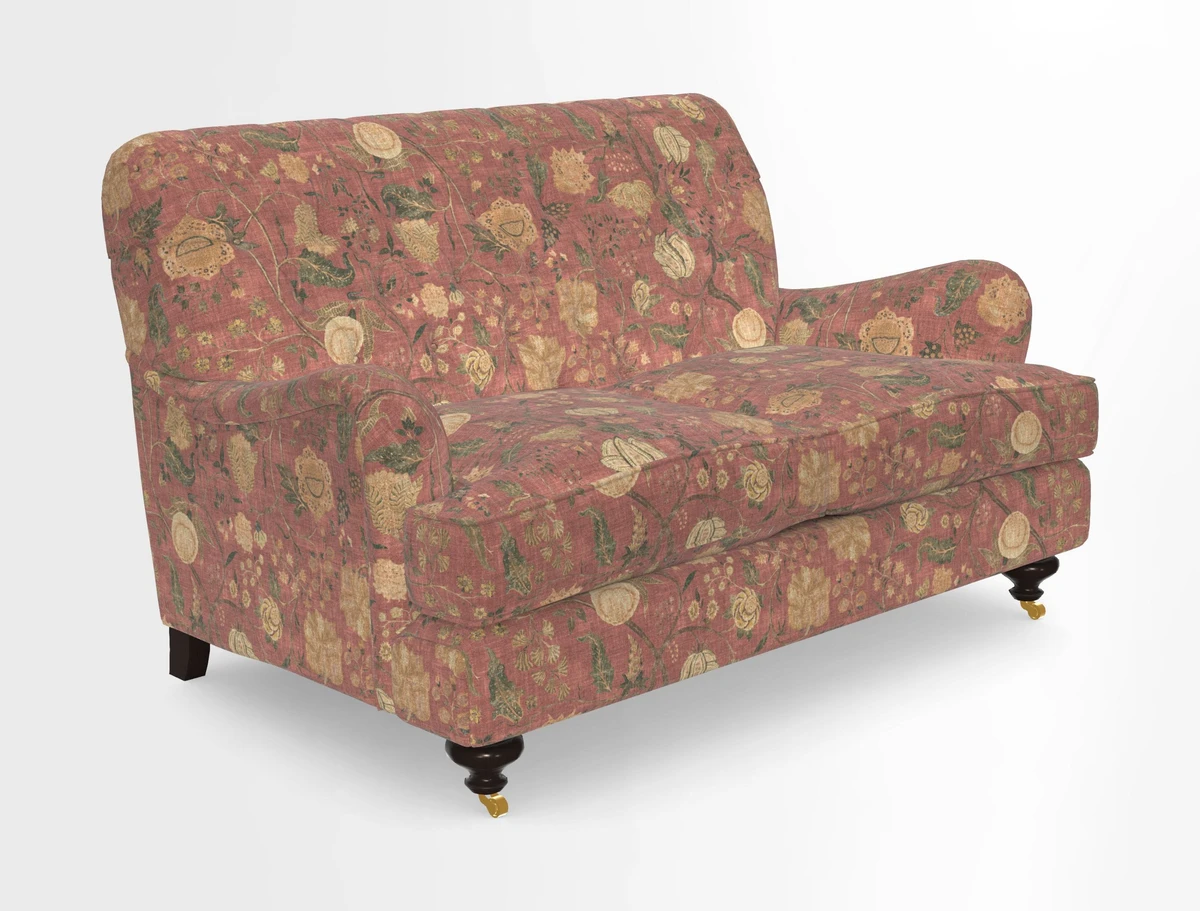 Chiddingfold 3 Seater Sofa in Omega Velvet Tawny Velvet and V&A Threads of India Regal Arabesque Flame with scatters in Sulawesi Splendour Jasper