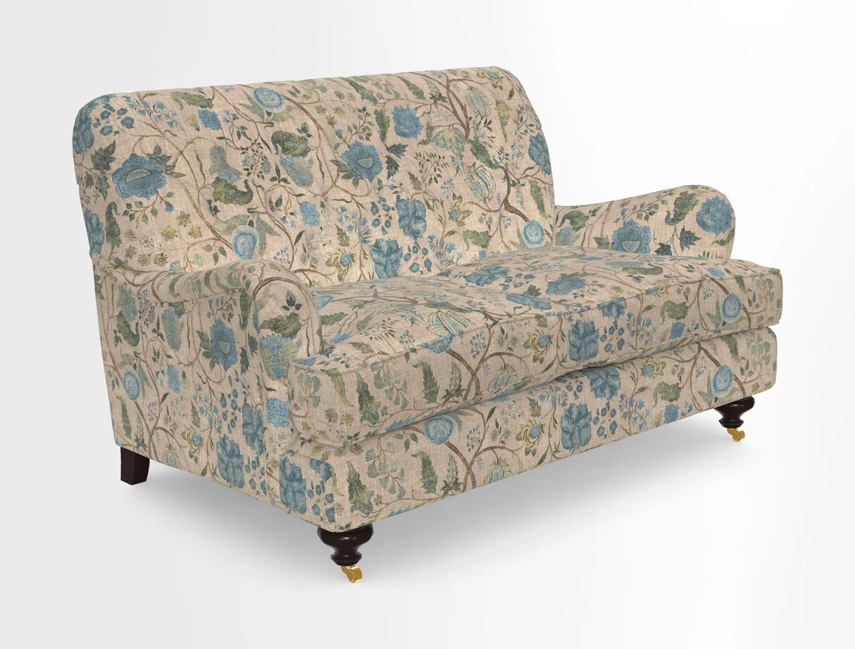 Chiddingfold 3 Seater Sofa in Omega Velvet Tawny Velvet and V&A Threads of India Regal Arabesque Flame with scatters in Sulawesi Splendour Jasper