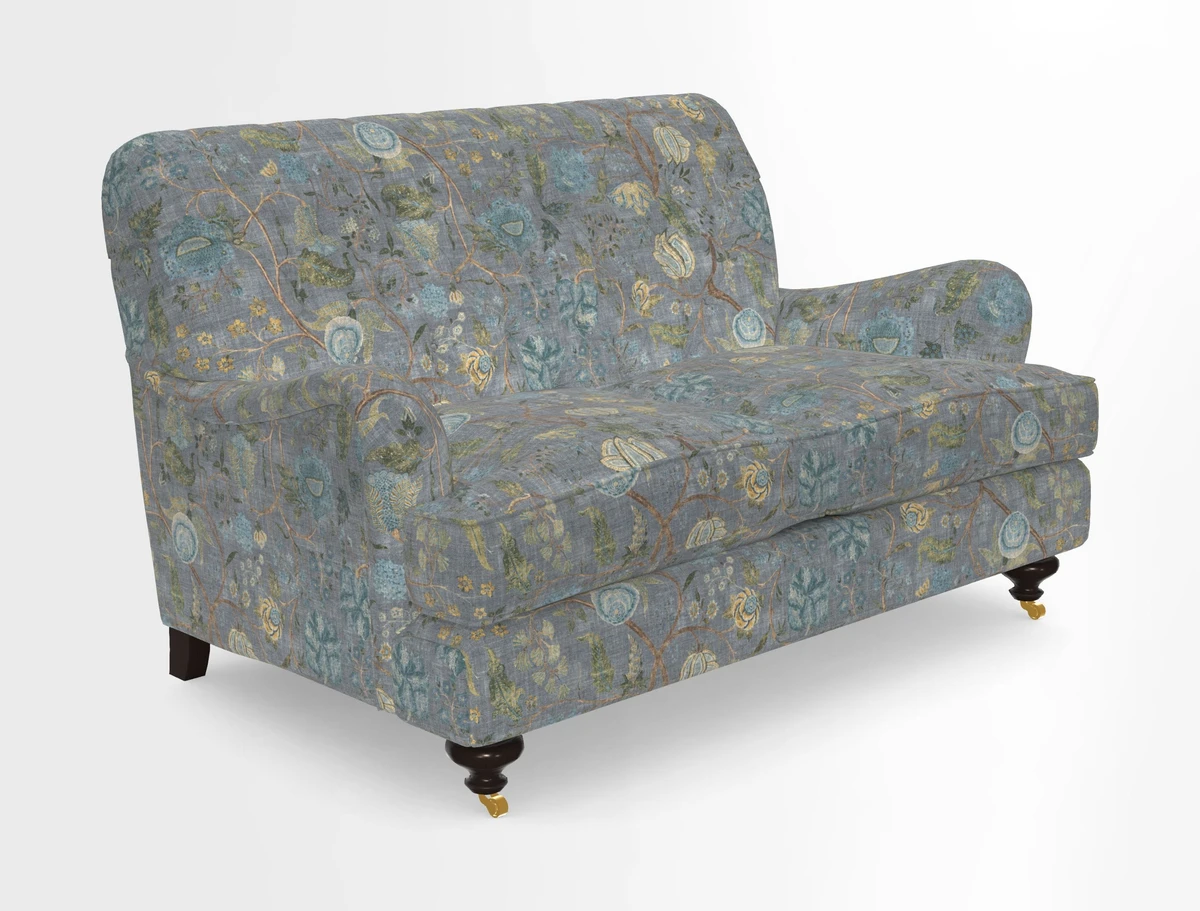 Chiddingfold 3 Seater Sofa in Omega Velvet Tawny Velvet and V&A Threads of India Regal Arabesque Flame with scatters in Sulawesi Splendour Jasper