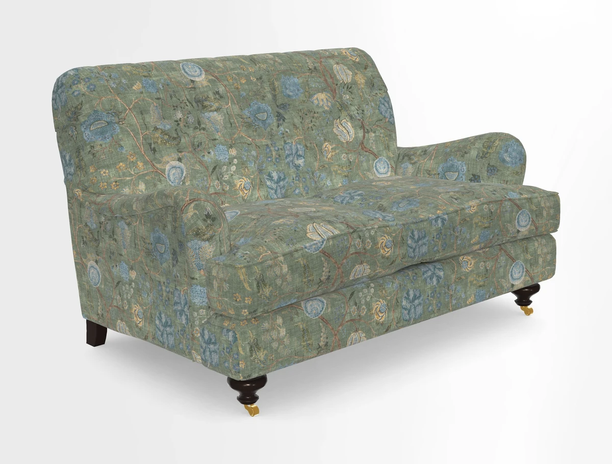 Chiddingfold 3 Seater Sofa in Omega Velvet Tawny Velvet and V&A Threads of India Regal Arabesque Flame with scatters in Sulawesi Splendour Jasper