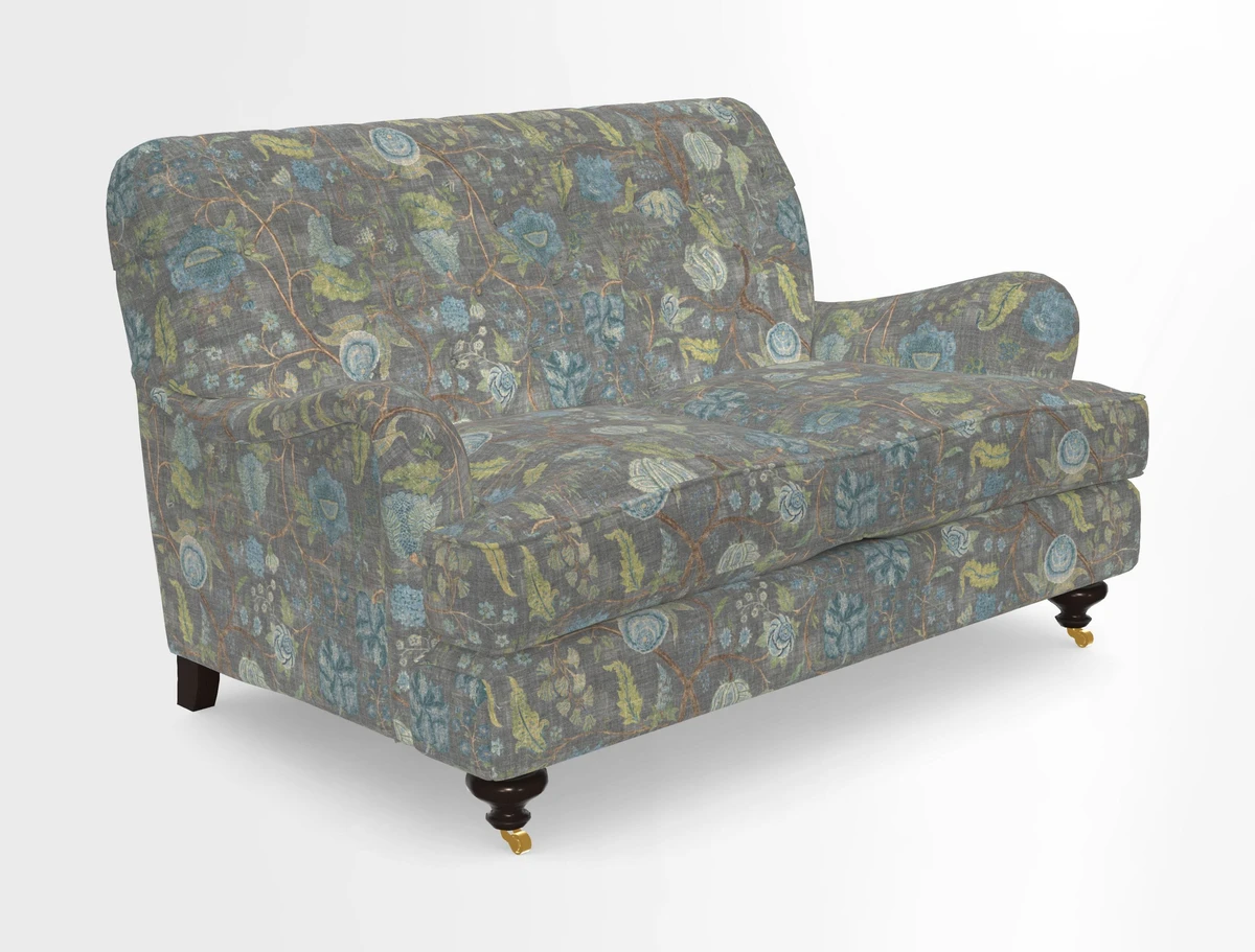 Chiddingfold 3 Seater Sofa in Omega Velvet Tawny Velvet and V&A Threads of India Regal Arabesque Flame with scatters in Sulawesi Splendour Jasper