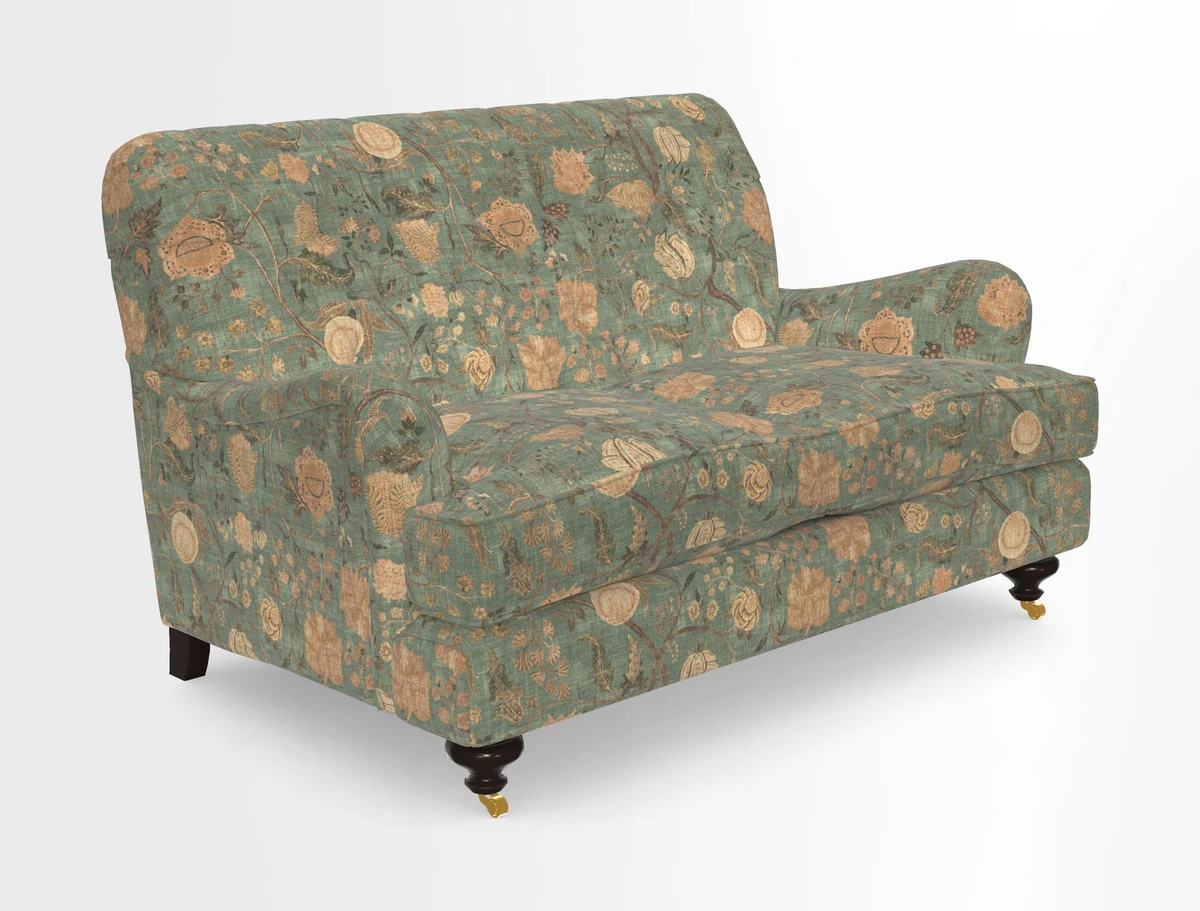 Chiddingfold 3 Seater Sofa in Omega Velvet Tawny Velvet and V&A Threads of India Regal Arabesque Flame with scatters in Sulawesi Splendour Jasper