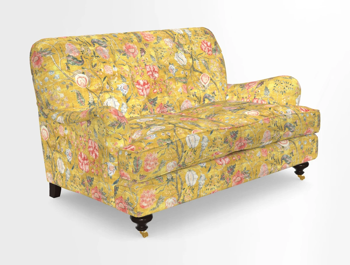 Chiddingfold 3 Seater Sofa in Omega Velvet Tawny Velvet and V&A Threads of India Regal Arabesque Flame with scatters in Sulawesi Splendour Jasper