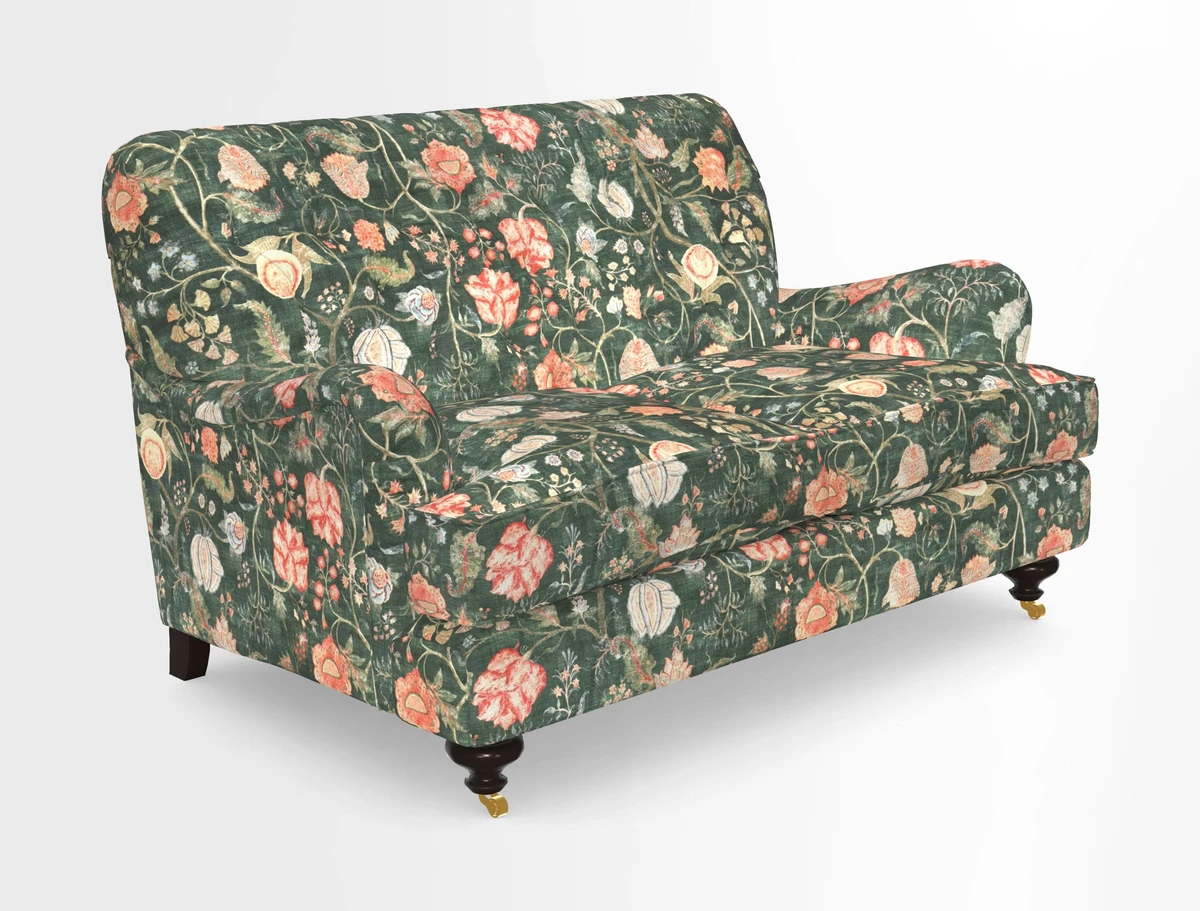 Chiddingfold 3 Seater Sofa in Omega Velvet Tawny Velvet and V&A Threads of India Regal Arabesque Flame with scatters in Sulawesi Splendour Jasper