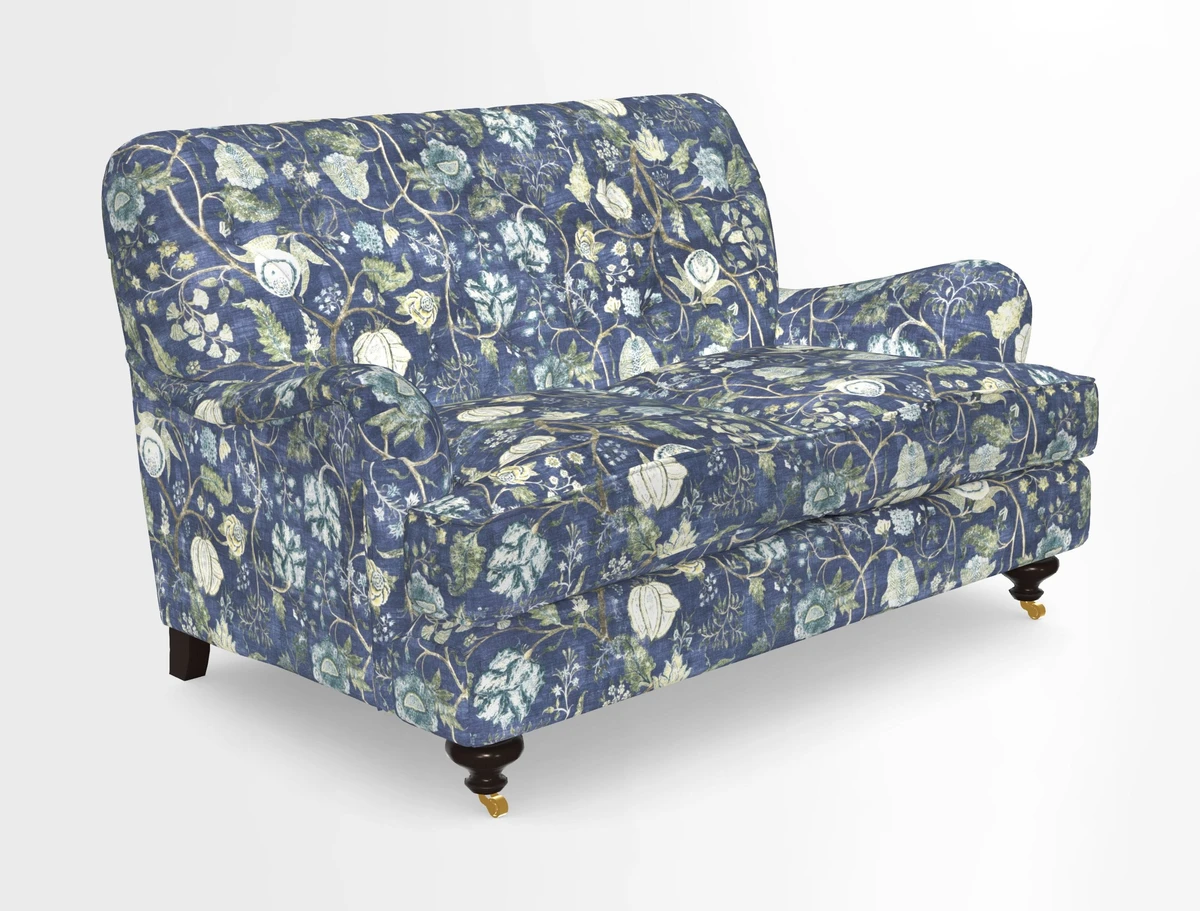 Chiddingfold 3 Seater Sofa in Omega Velvet Tawny Velvet and V&A Threads of India Regal Arabesque Flame with scatters in Sulawesi Splendour Jasper