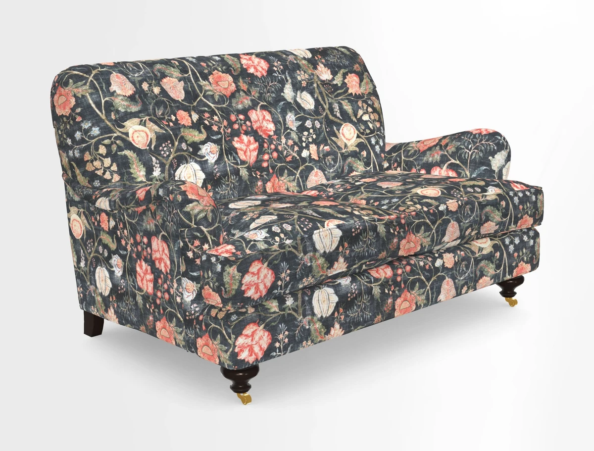 Chiddingfold 3 Seater Sofa in Omega Velvet Tawny Velvet and V&A Threads of India Regal Arabesque Flame with scatters in Sulawesi Splendour Jasper