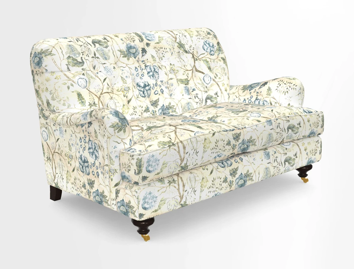 Chiddingfold 3 Seater Sofa in Omega Velvet Tawny Velvet and V&A Threads of India Regal Arabesque Flame with scatters in Sulawesi Splendour Jasper