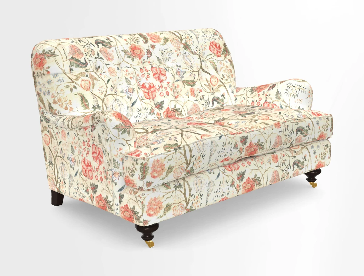 Chiddingfold 3 Seater Sofa in Omega Velvet Tawny Velvet and V&A Threads of India Regal Arabesque Flame with scatters in Sulawesi Splendour Jasper