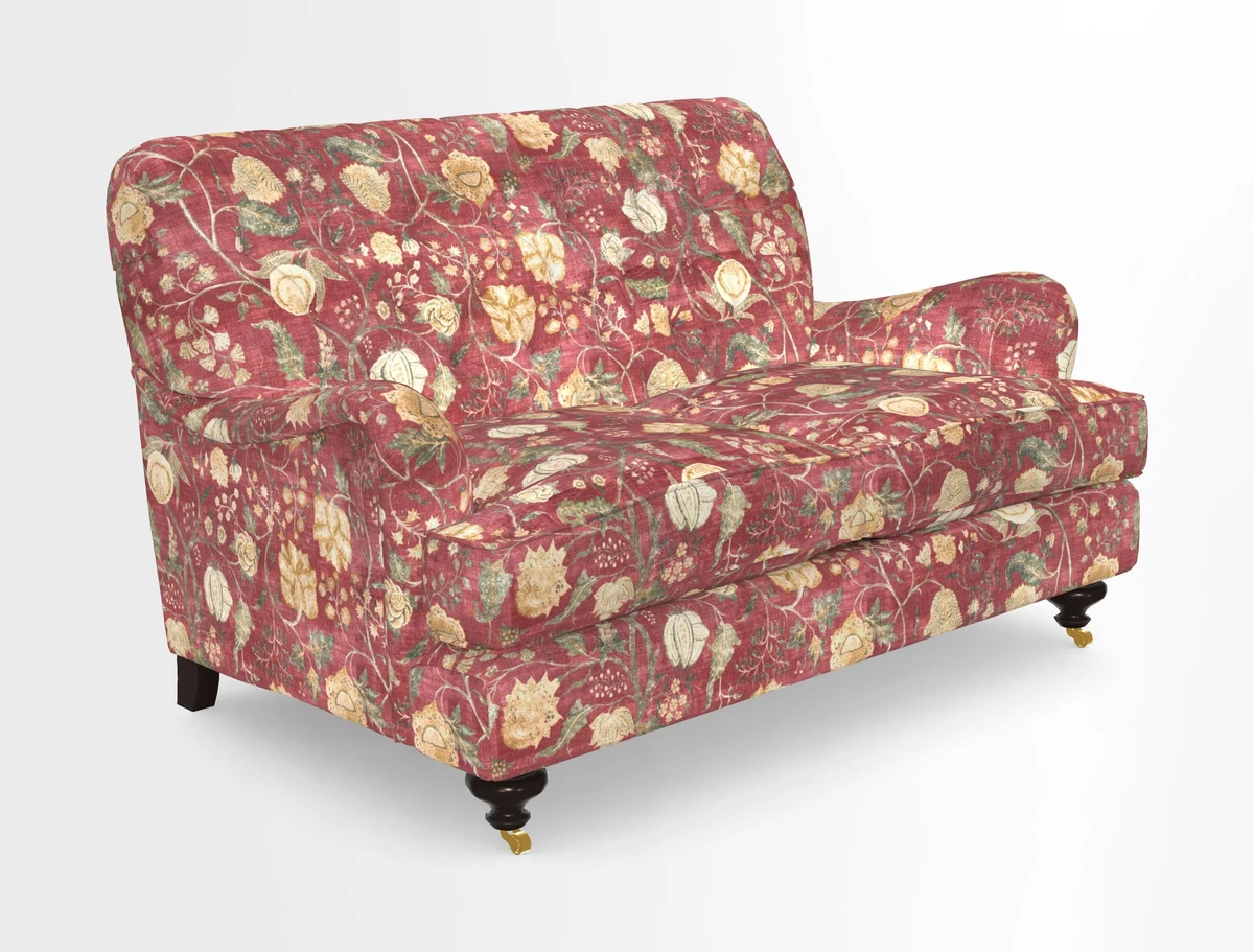 Chiddingfold 3 Seater Sofa in Omega Velvet Tawny Velvet and V&A Threads of India Regal Arabesque Flame with scatters in Sulawesi Splendour Jasper