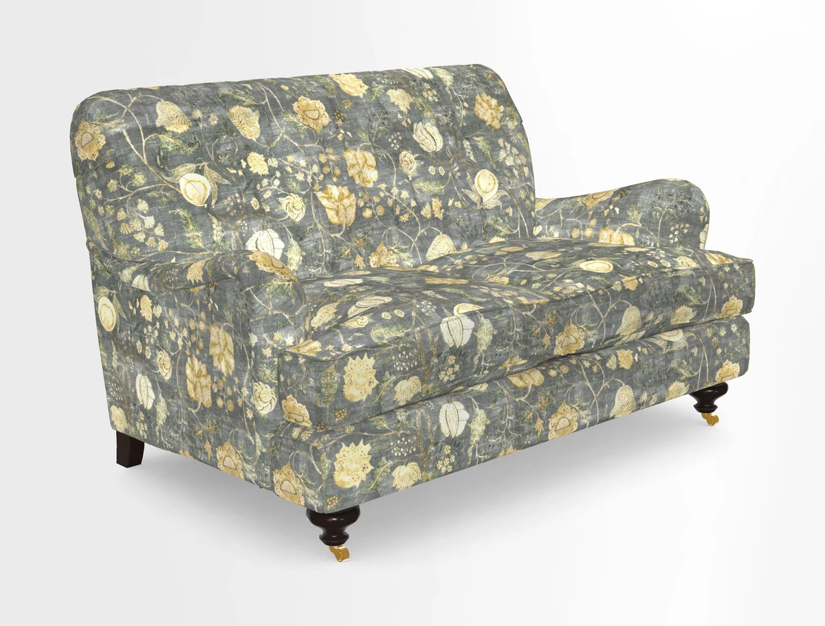 Chiddingfold 3 Seater Sofa in Omega Velvet Tawny Velvet and V&A Threads of India Regal Arabesque Flame with scatters in Sulawesi Splendour Jasper
