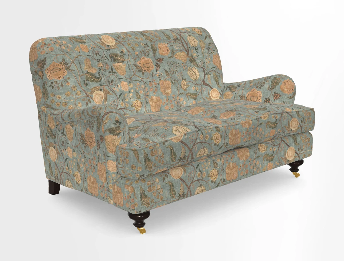 Chiddingfold 3 Seater Sofa in Omega Velvet Tawny Velvet and V&A Threads of India Regal Arabesque Flame with scatters in Sulawesi Splendour Jasper