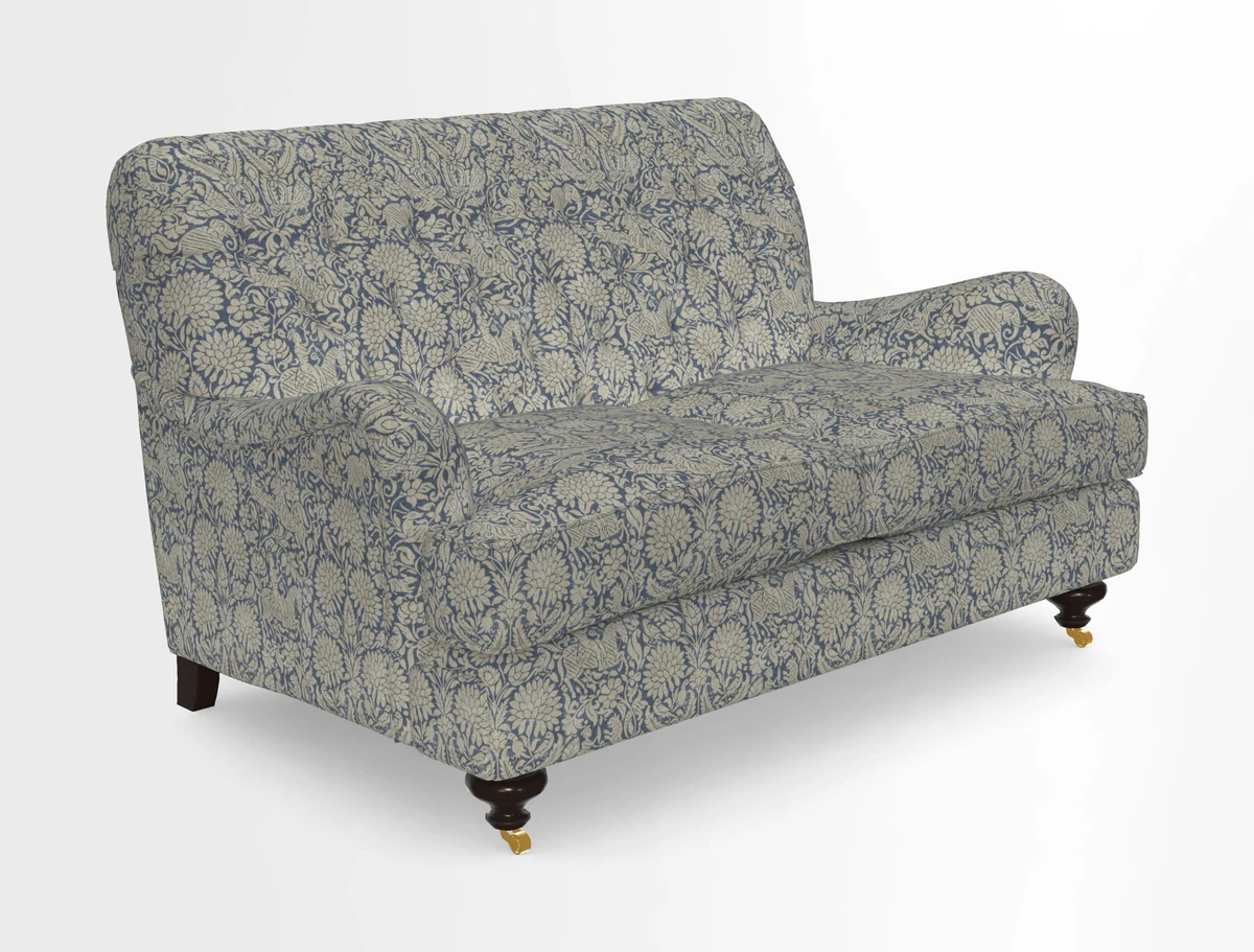 Chiddingfold 3 Seater Sofa in Omega Velvet Tawny Velvet and V&A Threads of India Regal Arabesque Flame with scatters in Sulawesi Splendour Jasper