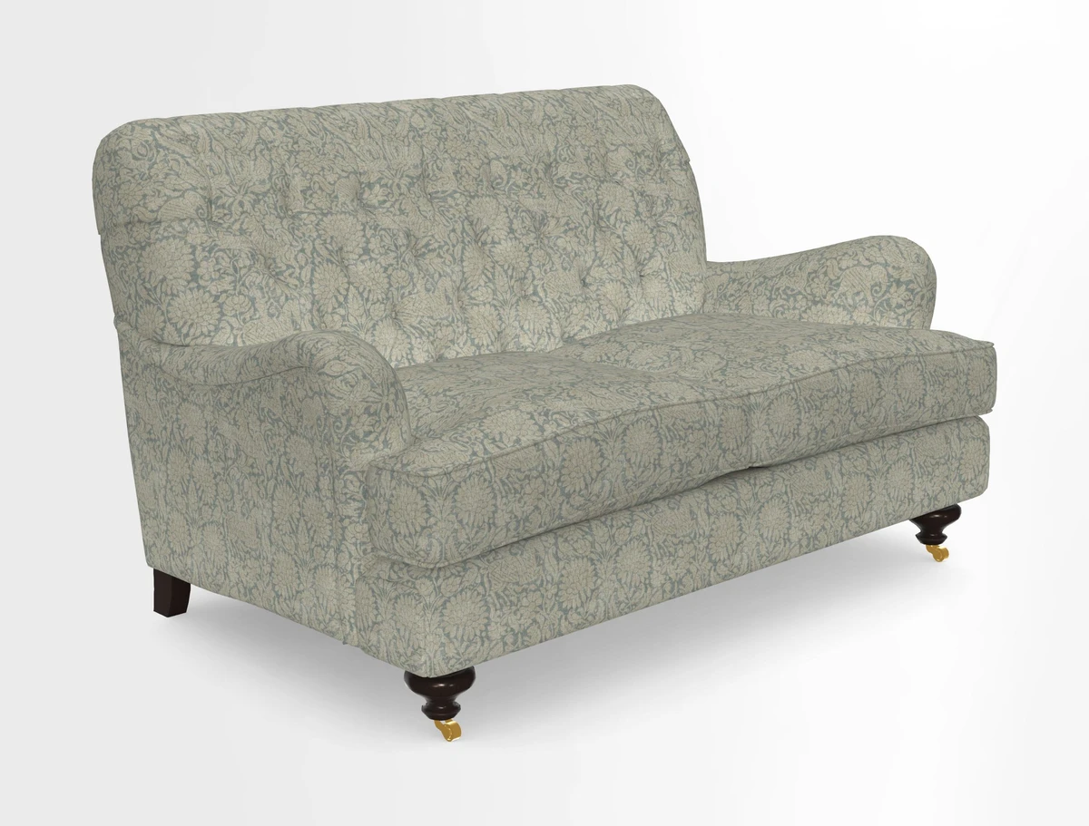 Chiddingfold 3 Seater Sofa in Omega Velvet Tawny Velvet and V&A Threads of India Regal Arabesque Flame with scatters in Sulawesi Splendour Jasper