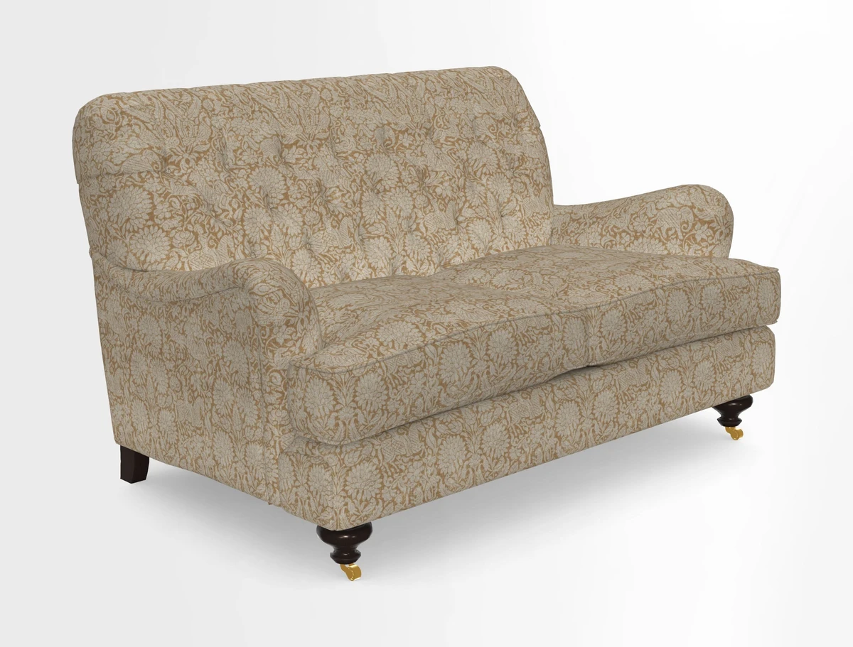 Chiddingfold 3 Seater Sofa in Omega Velvet Tawny Velvet and V&A Threads of India Regal Arabesque Flame with scatters in Sulawesi Splendour Jasper