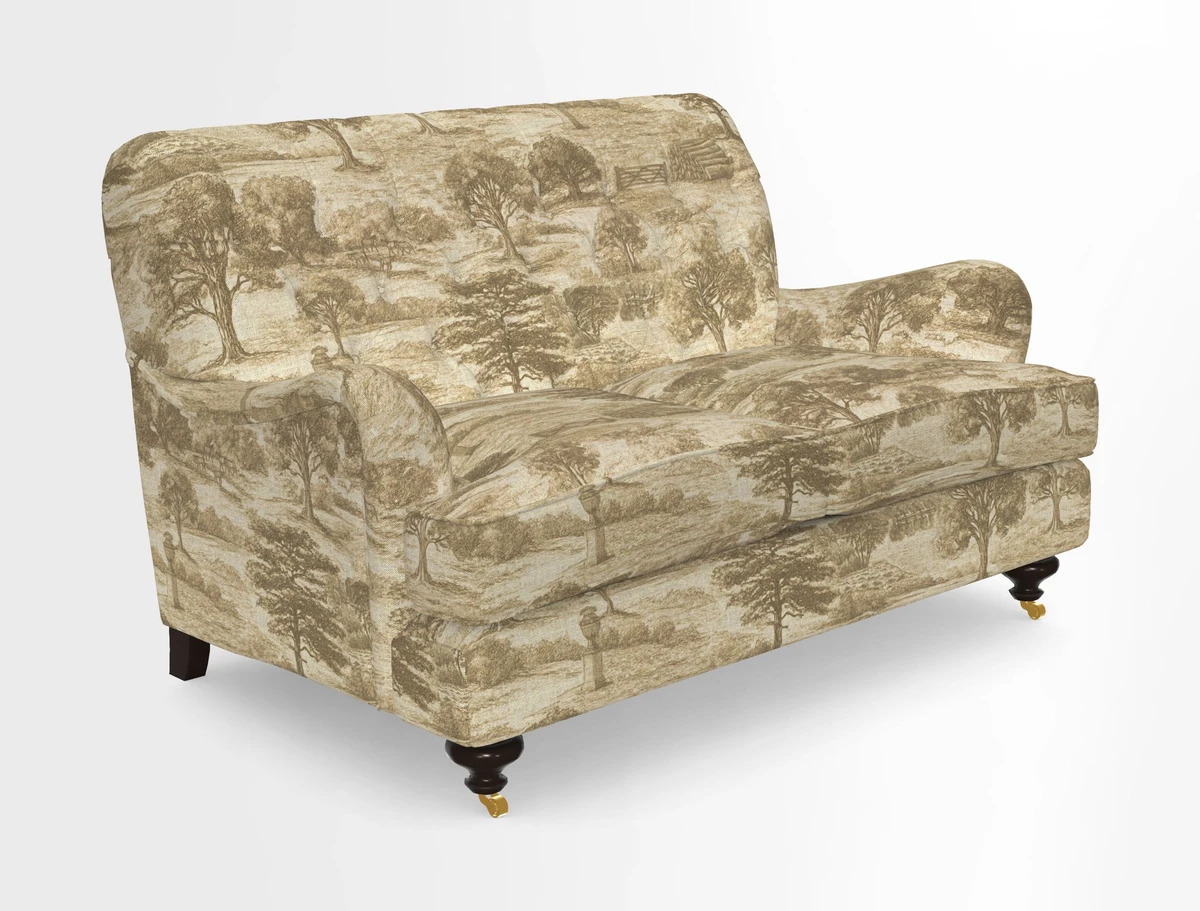 Chiddingfold 3 Seater Sofa in Omega Velvet Tawny Velvet and V&A Threads of India Regal Arabesque Flame with scatters in Sulawesi Splendour Jasper