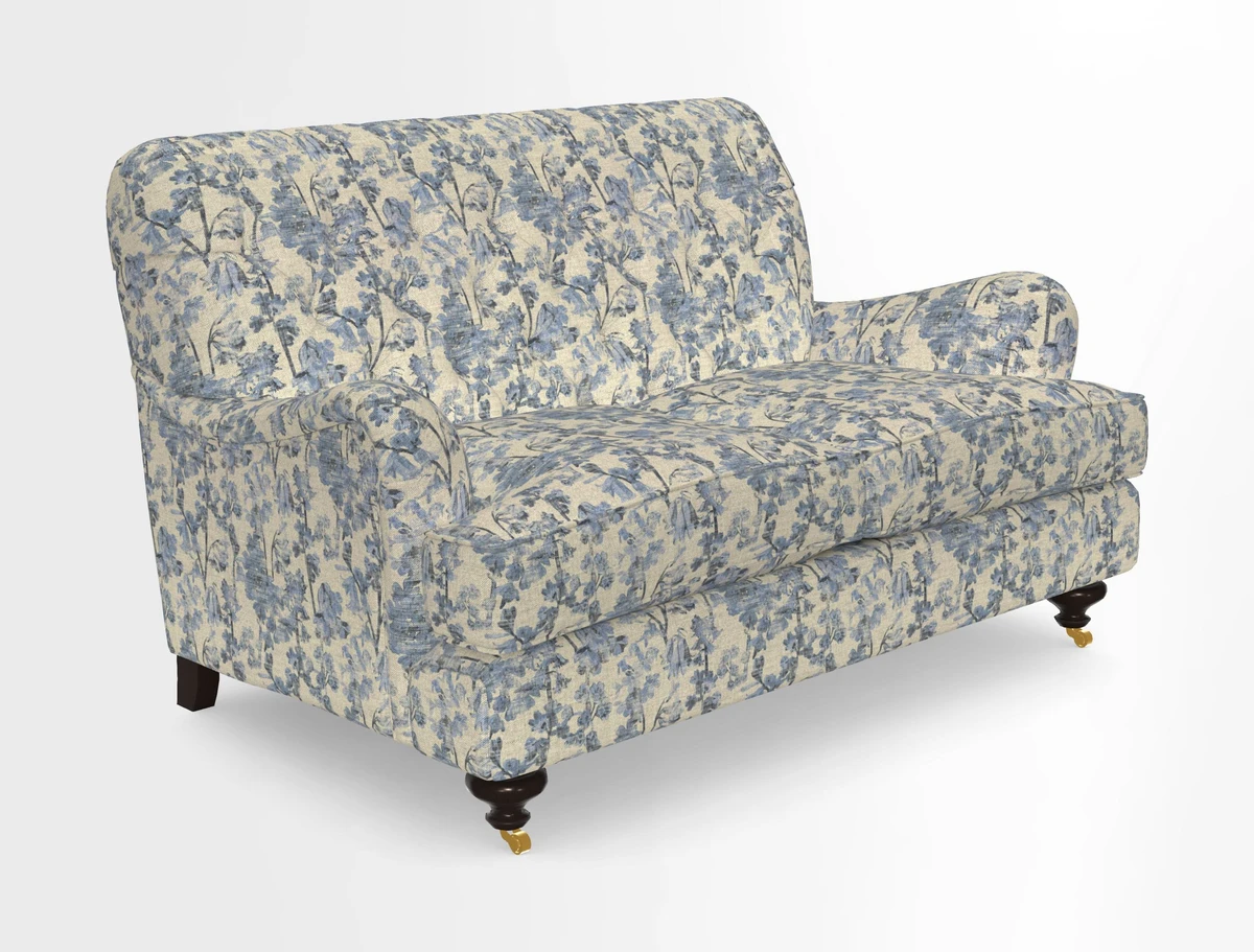 Chiddingfold 3 Seater Sofa in Omega Velvet Tawny Velvet and V&A Threads of India Regal Arabesque Flame with scatters in Sulawesi Splendour Jasper