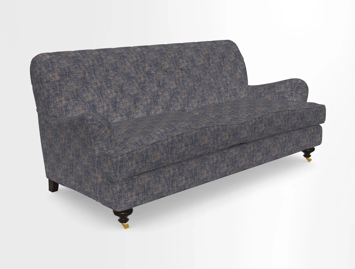 Chiddingfold 3 Seater Sofa in Omega Velvet Tawny Velvet and V&A Threads of India Regal Arabesque Flame with scatters in Sulawesi Splendour Jasper