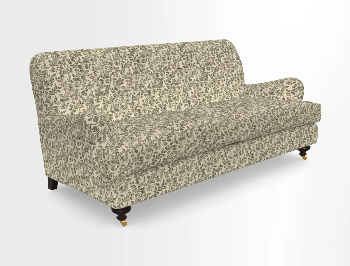 Chiddingfold 3 Seater Sofa in Omega Velvet Tawny Velvet and V&A Threads of India Regal Arabesque Flame with scatters in Sulawesi Splendour Jasper