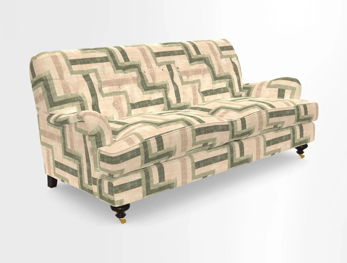 Chiddingfold 3 Seater Sofa in Omega Velvet Tawny Velvet and V&A Threads of India Regal Arabesque Flame with scatters in Sulawesi Splendour Jasper
