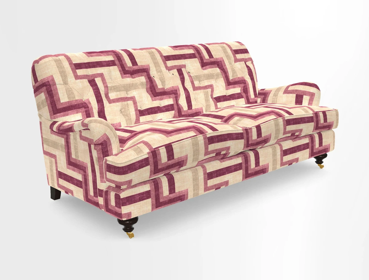 Chiddingfold 3 Seater Sofa in Omega Velvet Tawny Velvet and V&A Threads of India Regal Arabesque Flame with scatters in Sulawesi Splendour Jasper