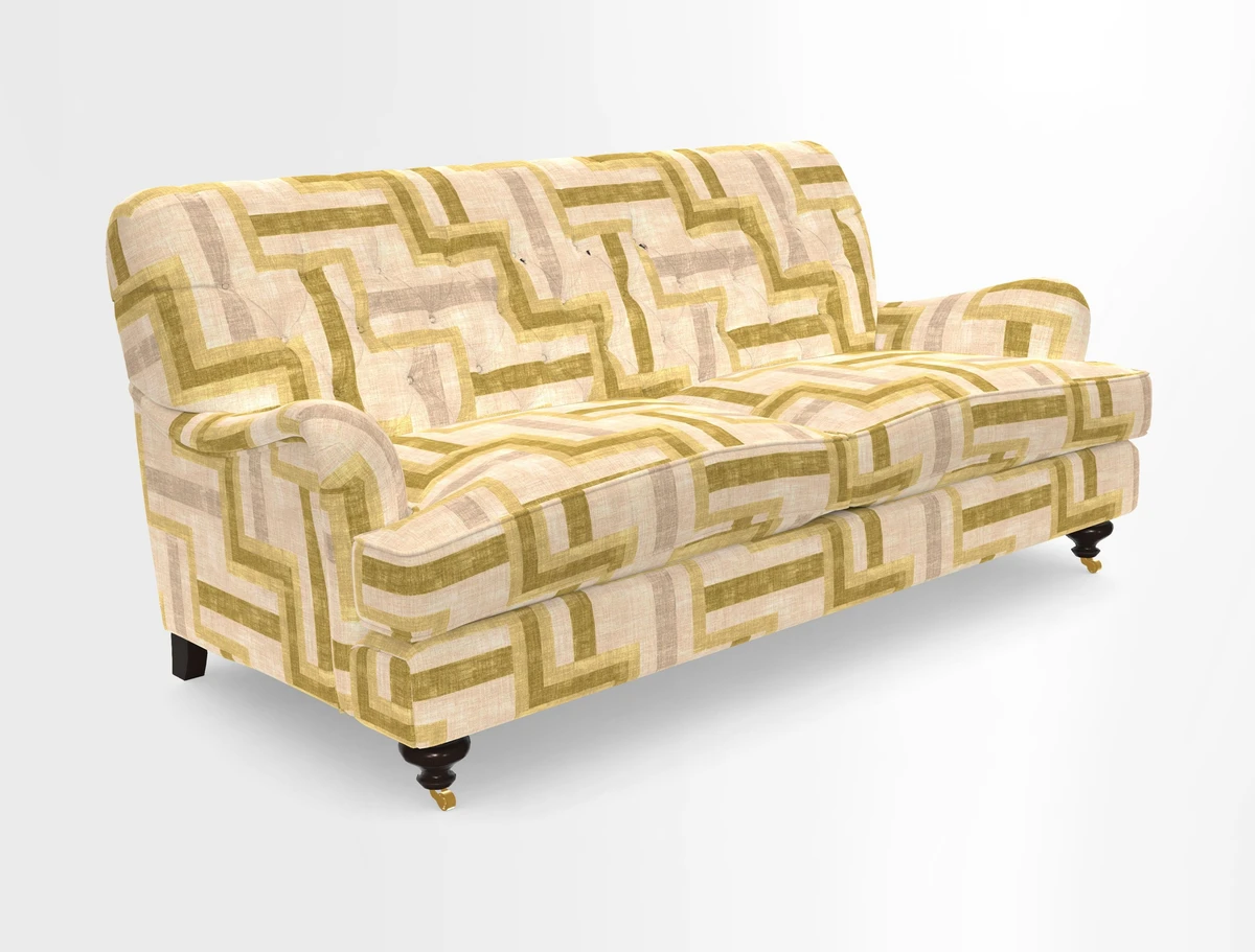 Chiddingfold 3 Seater Sofa in Omega Velvet Tawny Velvet and V&A Threads of India Regal Arabesque Flame with scatters in Sulawesi Splendour Jasper