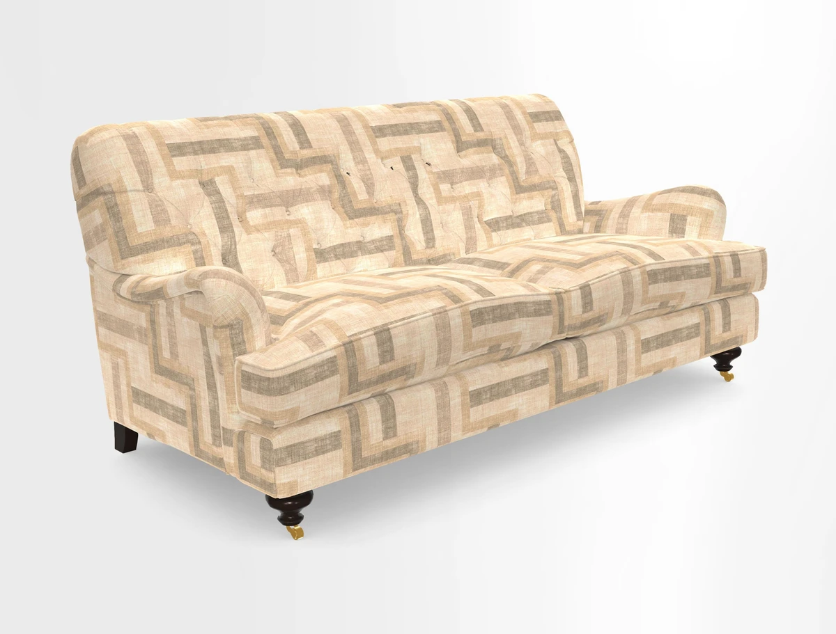 Chiddingfold 3 Seater Sofa in Omega Velvet Tawny Velvet and V&A Threads of India Regal Arabesque Flame with scatters in Sulawesi Splendour Jasper