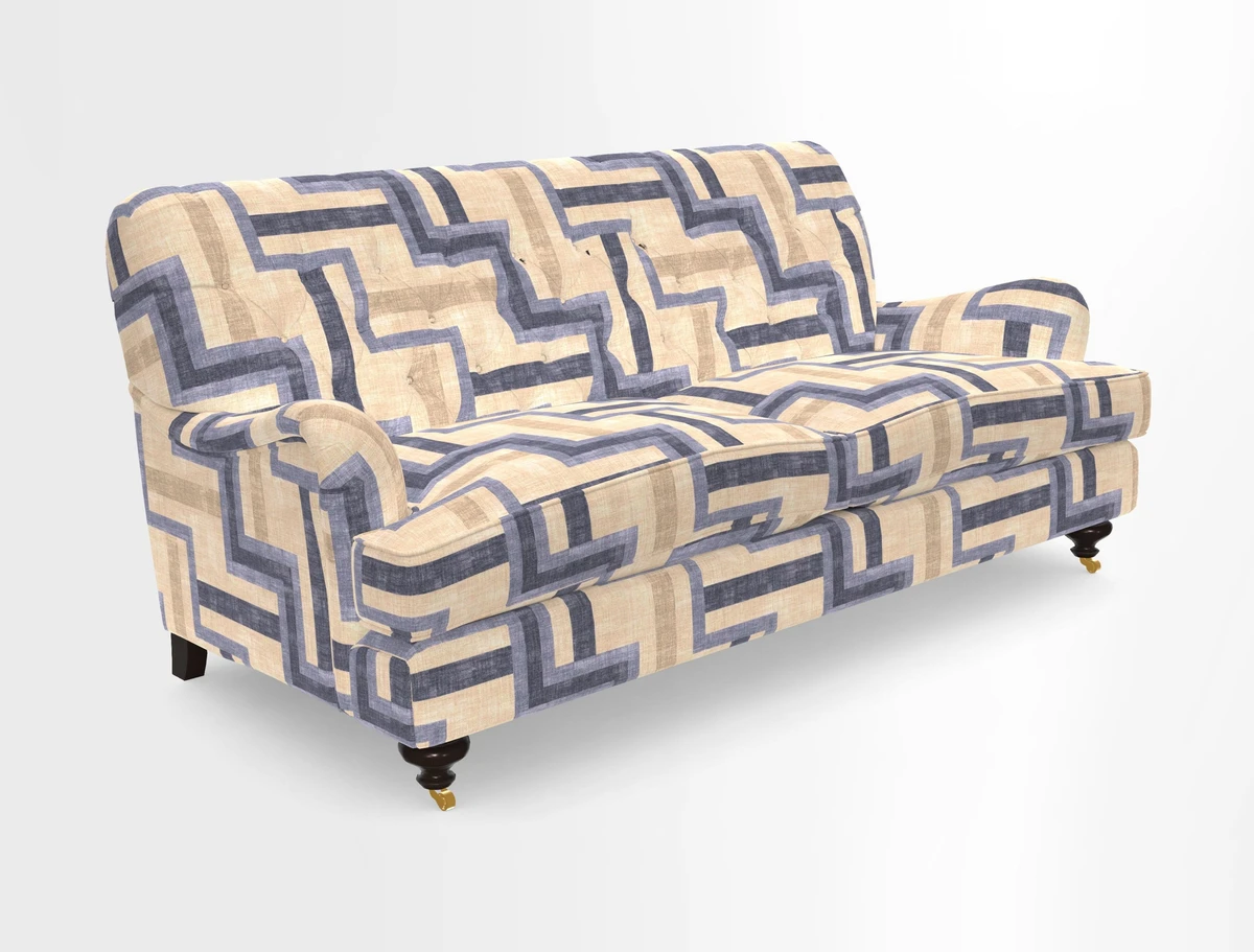 Chiddingfold 3 Seater Sofa in Omega Velvet Tawny Velvet and V&A Threads of India Regal Arabesque Flame with scatters in Sulawesi Splendour Jasper