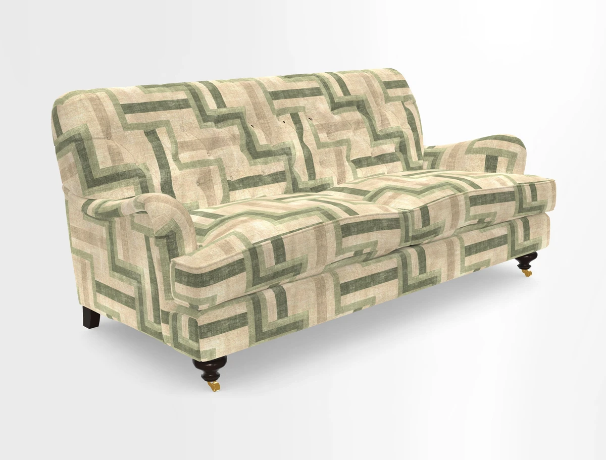 Chiddingfold 3 Seater Sofa in Omega Velvet Tawny Velvet and V&A Threads of India Regal Arabesque Flame with scatters in Sulawesi Splendour Jasper