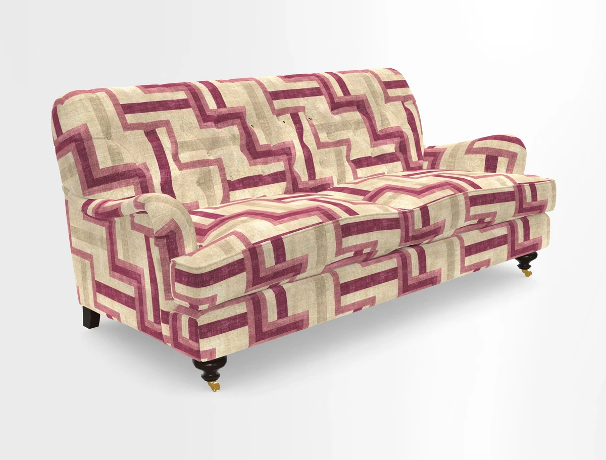 Chiddingfold 3 Seater Sofa in Omega Velvet Tawny Velvet and V&A Threads of India Regal Arabesque Flame with scatters in Sulawesi Splendour Jasper