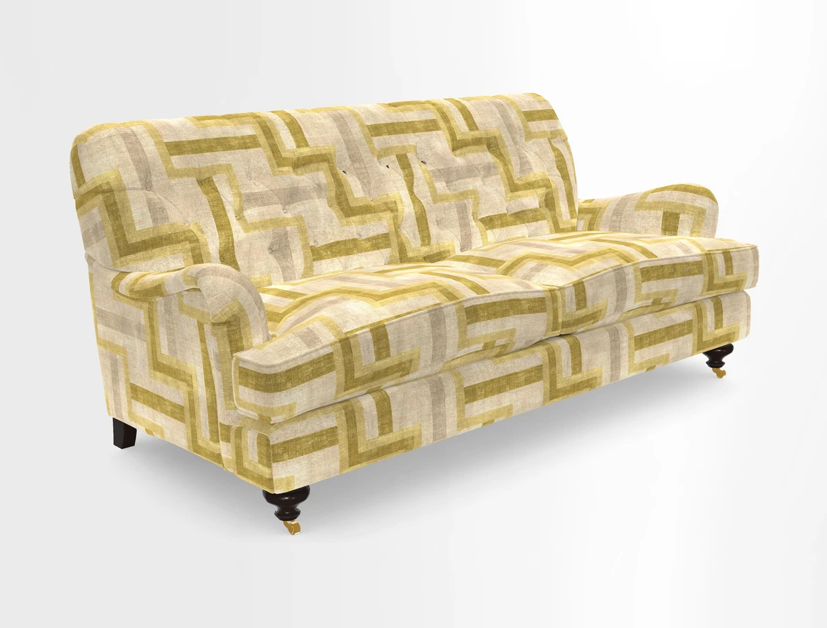 Chiddingfold 3 Seater Sofa in Omega Velvet Tawny Velvet and V&A Threads of India Regal Arabesque Flame with scatters in Sulawesi Splendour Jasper
