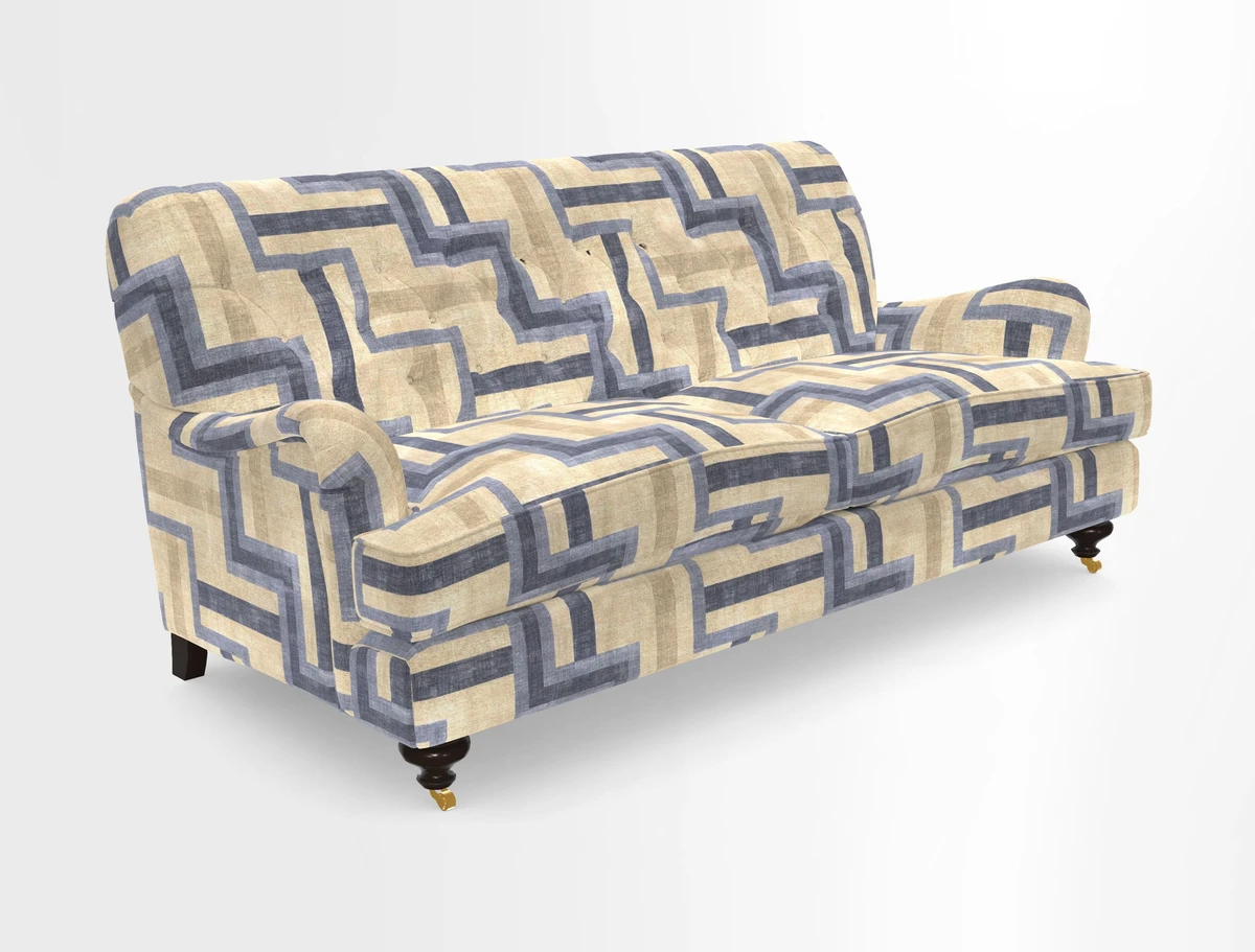 Chiddingfold 3 Seater Sofa in Omega Velvet Tawny Velvet and V&A Threads of India Regal Arabesque Flame with scatters in Sulawesi Splendour Jasper
