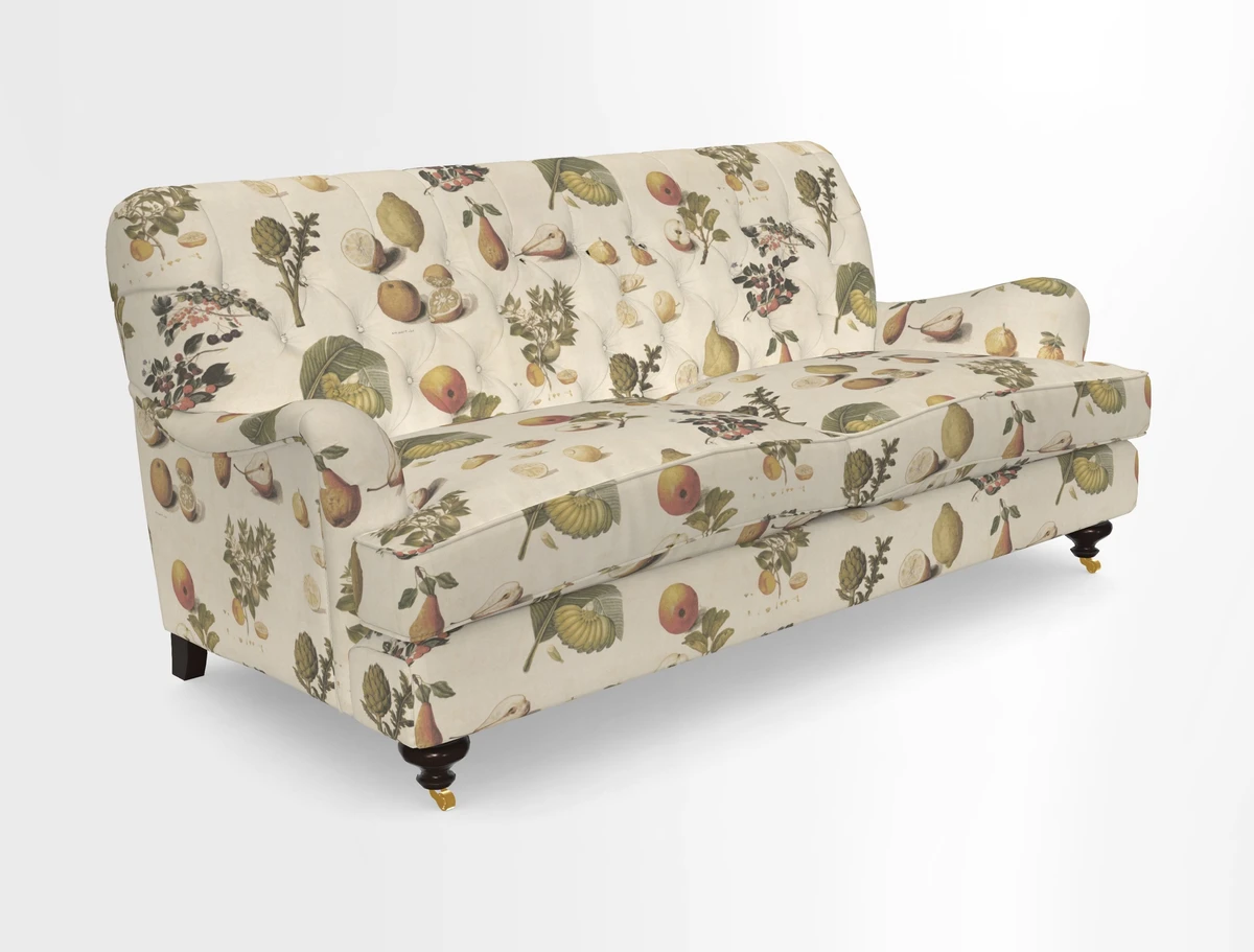 Chiddingfold 3 Seater Sofa in Omega Velvet Tawny Velvet and V&A Threads of India Regal Arabesque Flame with scatters in Sulawesi Splendour Jasper