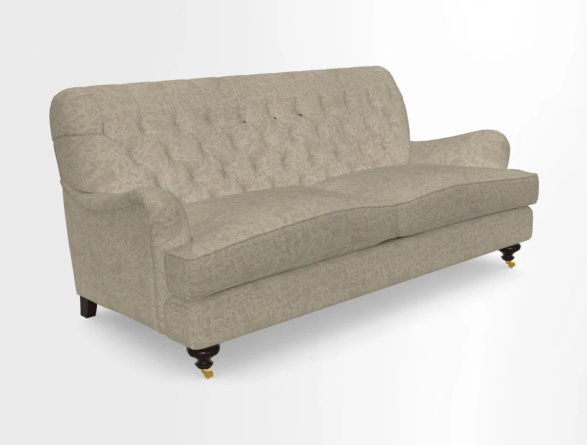 Chiddingfold 3 Seater Sofa in Omega Velvet Tawny Velvet and V&A Threads of India Regal Arabesque Flame with scatters in Sulawesi Splendour Jasper