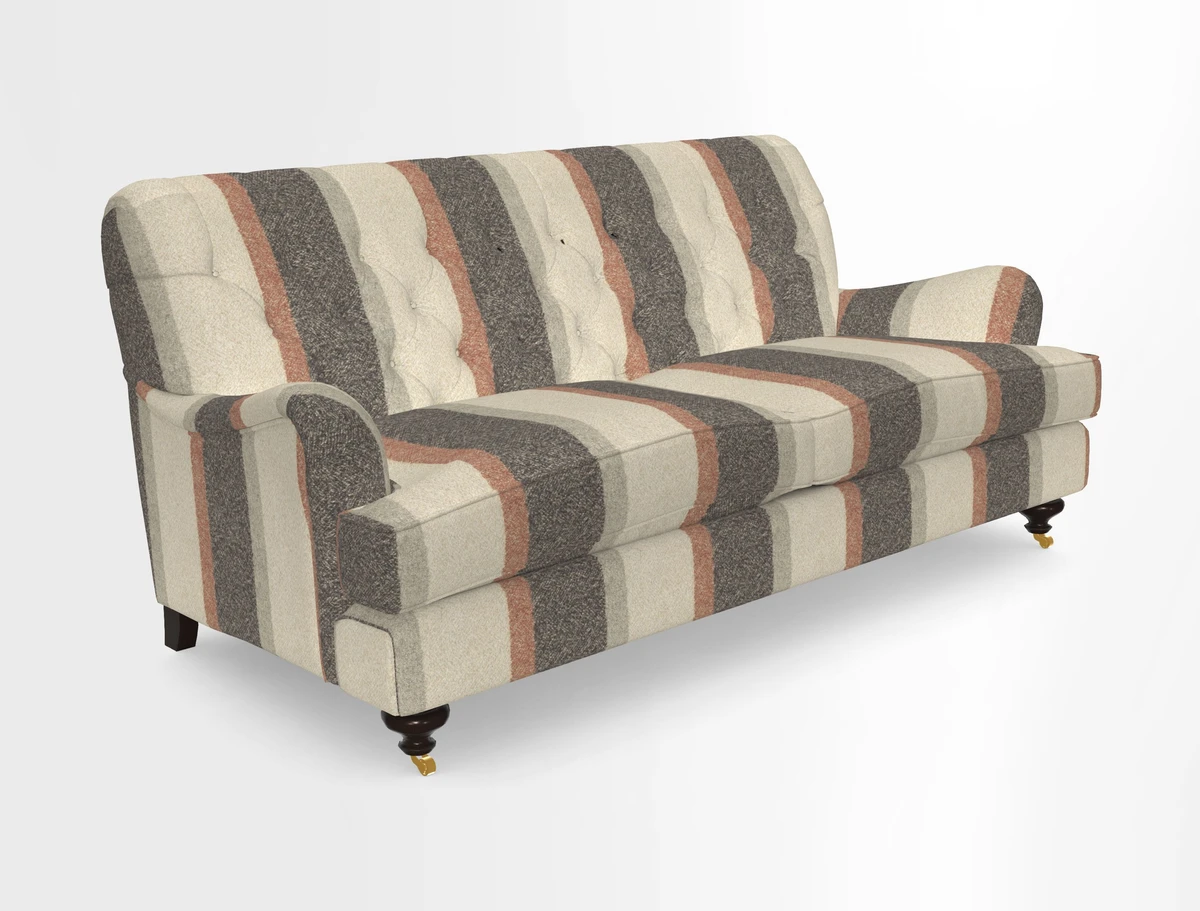 Chiddingfold 3 Seater Sofa in Omega Velvet Tawny Velvet and V&A Threads of India Regal Arabesque Flame with scatters in Sulawesi Splendour Jasper