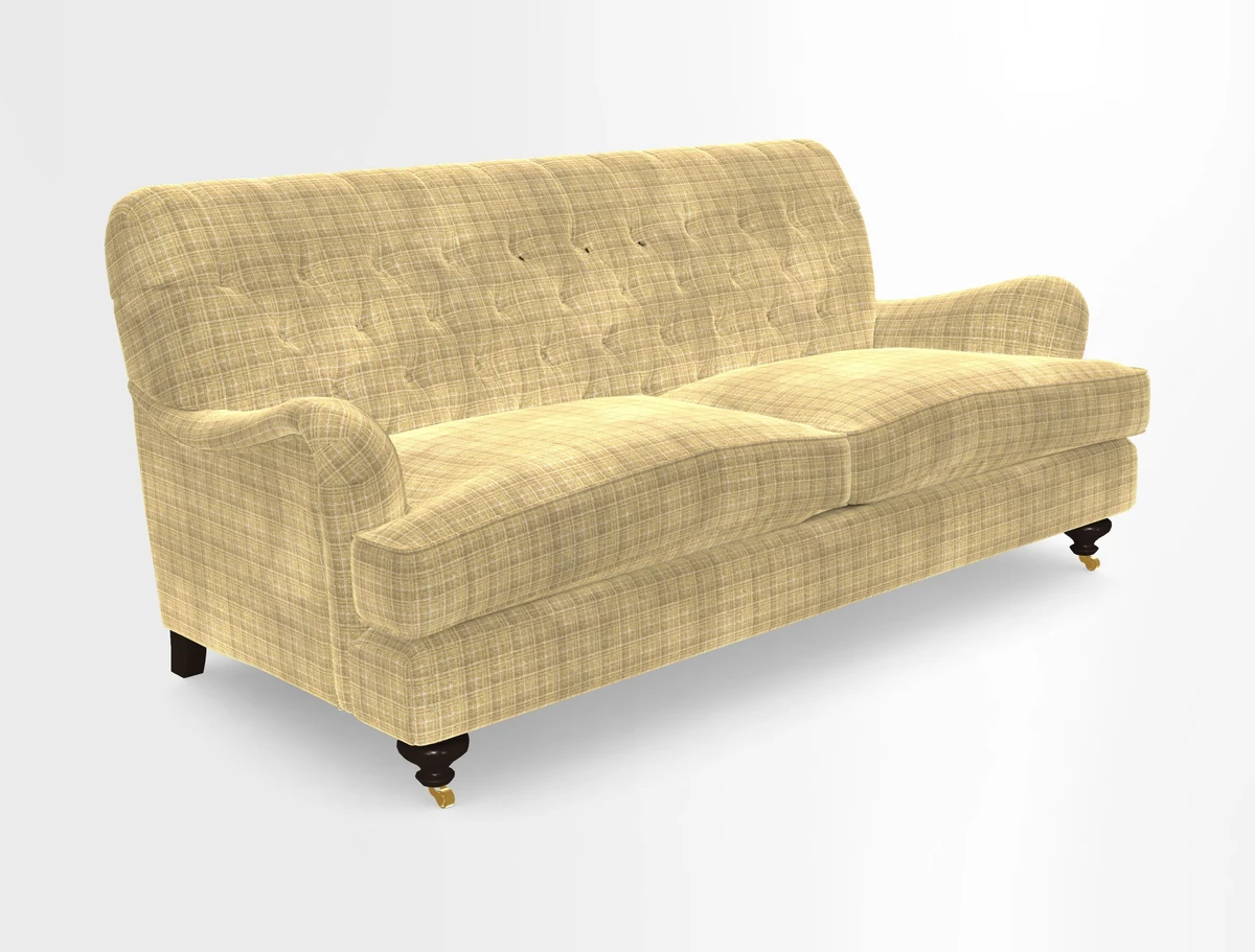 Chiddingfold 3 Seater Sofa in Omega Velvet Tawny Velvet and V&A Threads of India Regal Arabesque Flame with scatters in Sulawesi Splendour Jasper