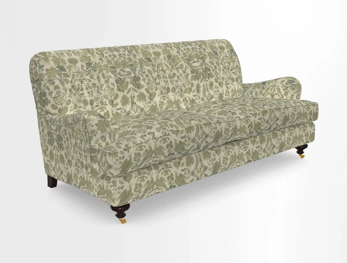 Chiddingfold 3 Seater Sofa in Omega Velvet Tawny Velvet and V&A Threads of India Regal Arabesque Flame with scatters in Sulawesi Splendour Jasper