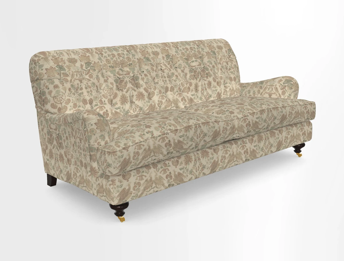Chiddingfold 3 Seater Sofa in Omega Velvet Tawny Velvet and V&A Threads of India Regal Arabesque Flame with scatters in Sulawesi Splendour Jasper