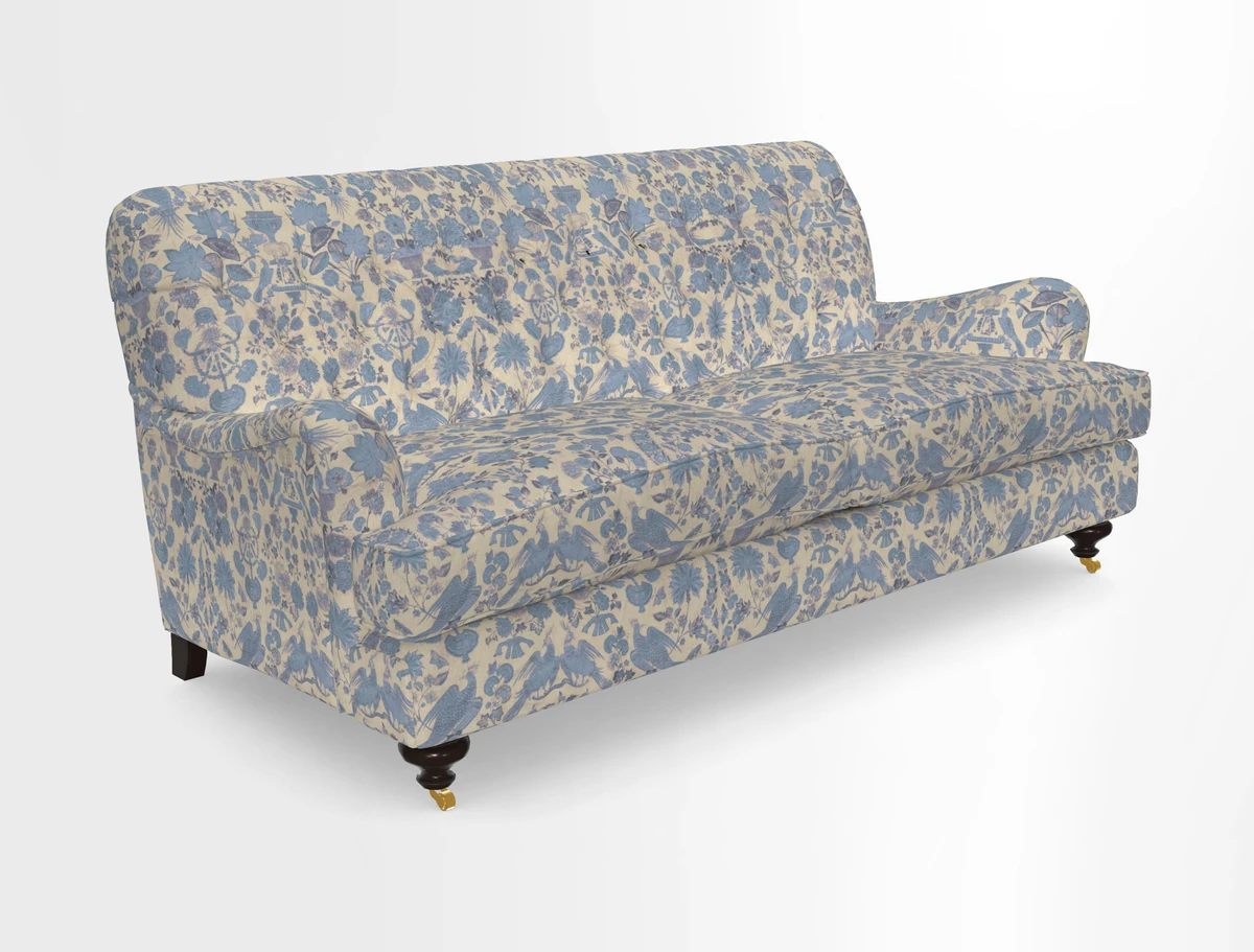 Chiddingfold 3 Seater Sofa in Omega Velvet Tawny Velvet and V&A Threads of India Regal Arabesque Flame with scatters in Sulawesi Splendour Jasper
