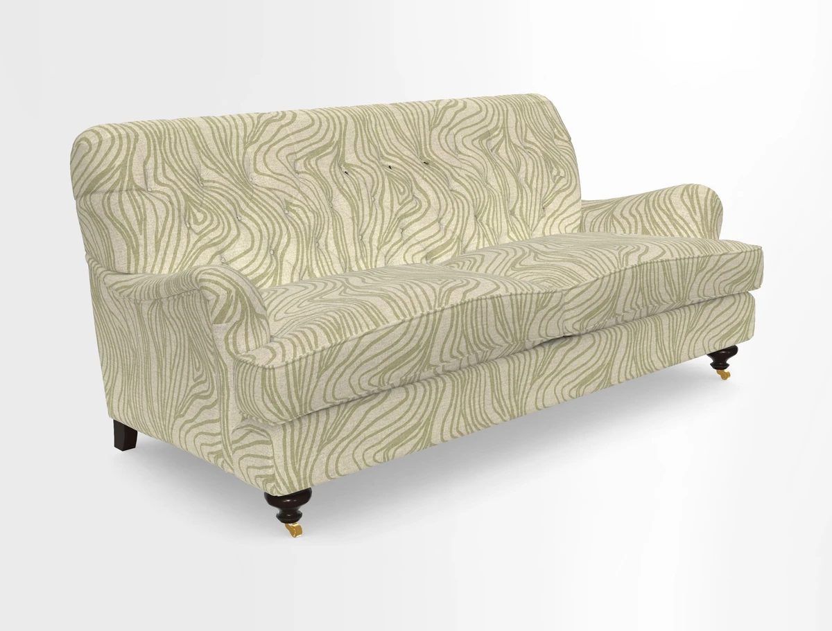 Chiddingfold 3 Seater Sofa in Omega Velvet Tawny Velvet and V&A Threads of India Regal Arabesque Flame with scatters in Sulawesi Splendour Jasper