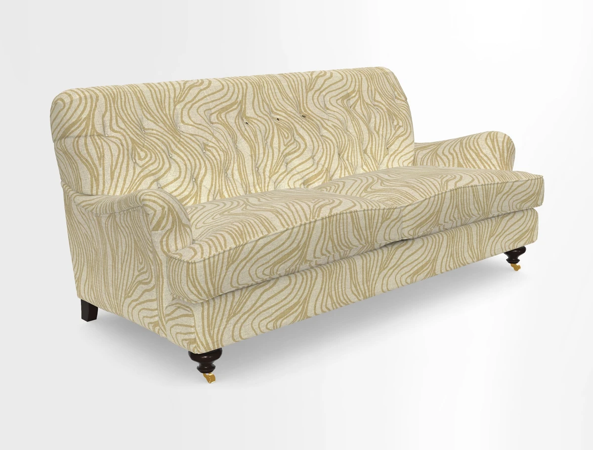 Chiddingfold 3 Seater Sofa in Omega Velvet Tawny Velvet and V&A Threads of India Regal Arabesque Flame with scatters in Sulawesi Splendour Jasper