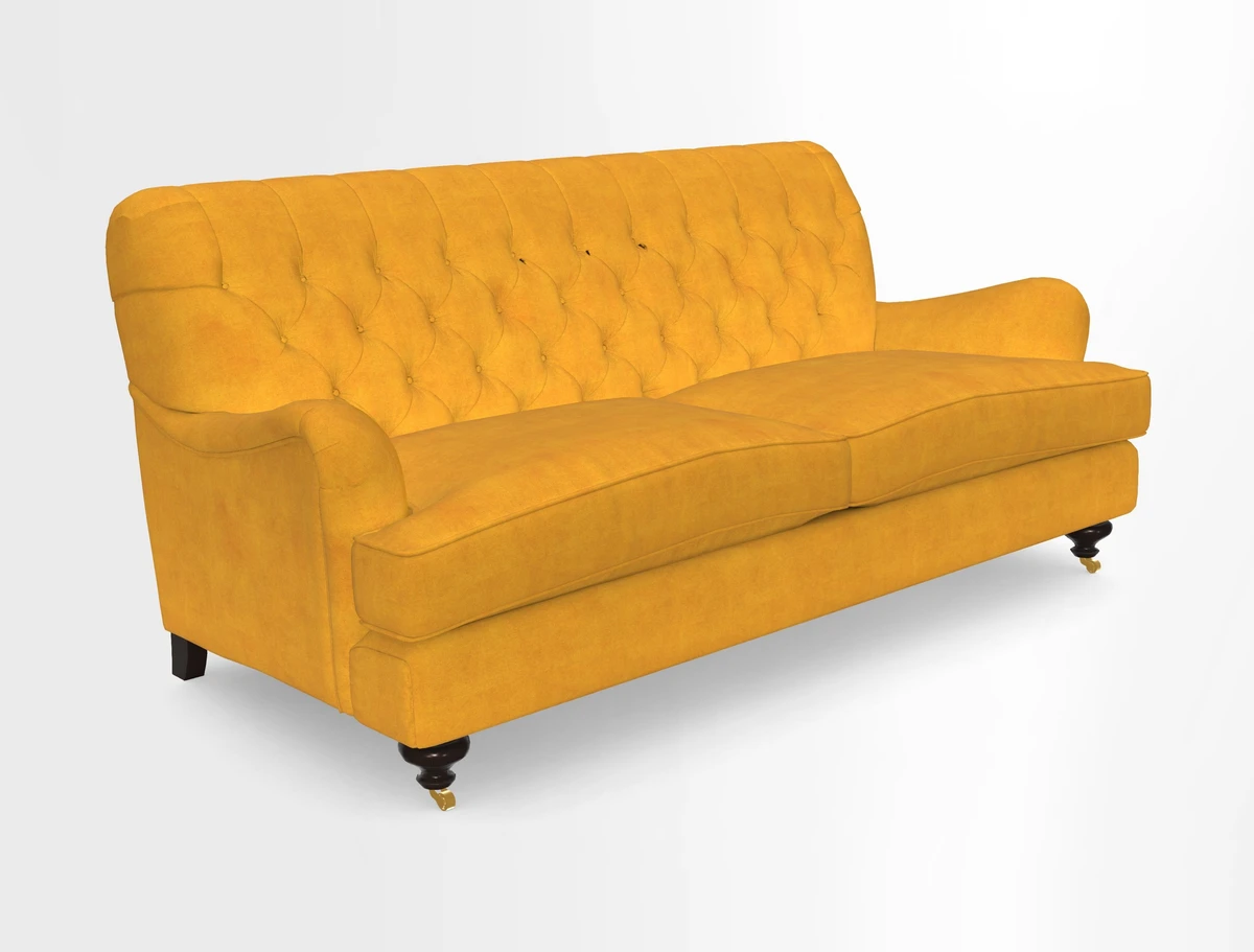 Chiddingfold 3 Seater Sofa in Omega Velvet Tawny Velvet and V&A Threads of India Regal Arabesque Flame with scatters in Sulawesi Splendour Jasper
