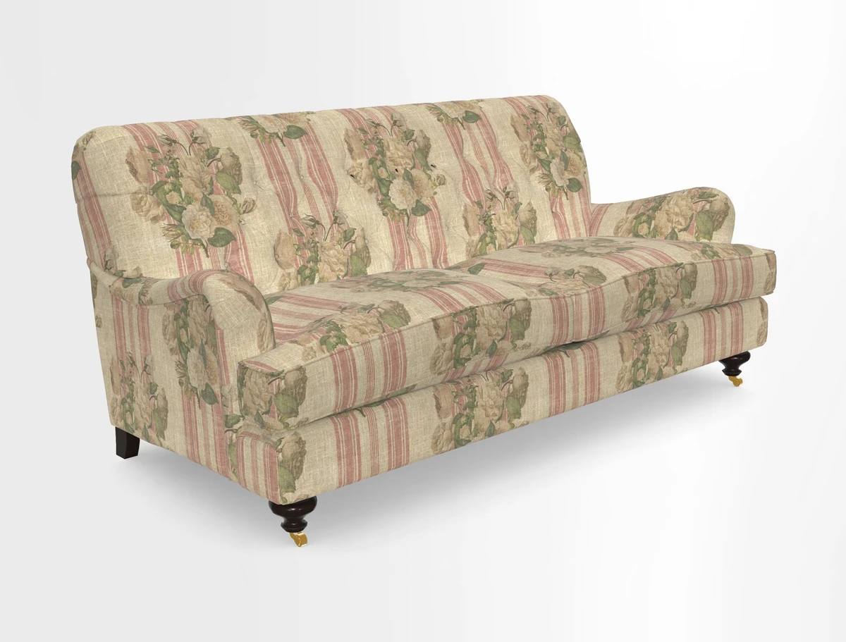 Chiddingfold 3 Seater Sofa in Omega Velvet Tawny Velvet and V&A Threads of India Regal Arabesque Flame with scatters in Sulawesi Splendour Jasper
